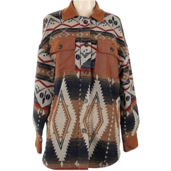 Western Shaket Sweater Jacket Tribal Aztec Print brown black buttondown L - Picture 2 of 13